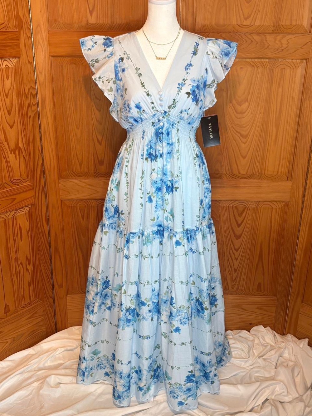 Taylor Light Blue Floral Maxi Dress with Ruffled Sleeves